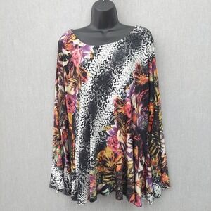 Monroe & Main Floral Abstract Top Women 2X Bell Sleeve Slit Arm Boho Artsy Flowy